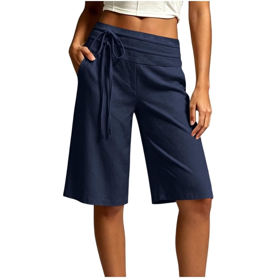 Costeam Womens Solid Faux Linen Bermuda Shorts Dual Layer Fold Over Drawstring Waist Side Inset Pockets Loose Mid Thigh Breathable Woven Fabric Casual Cropped Bottoms