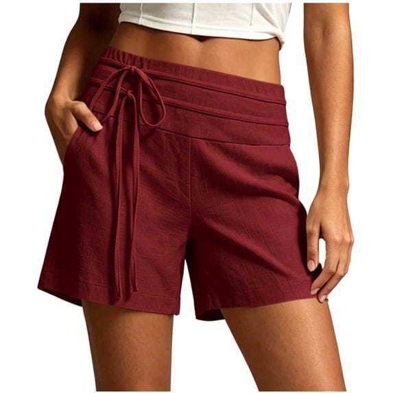 Costeam Womens Solid Faux Linen Bermuda Shorts Dual Layer Fold Over Drawstring Waist Side Inset Pockets Loose Mid Thigh Breathable Woven Fabric Casual Cropped Bottoms
