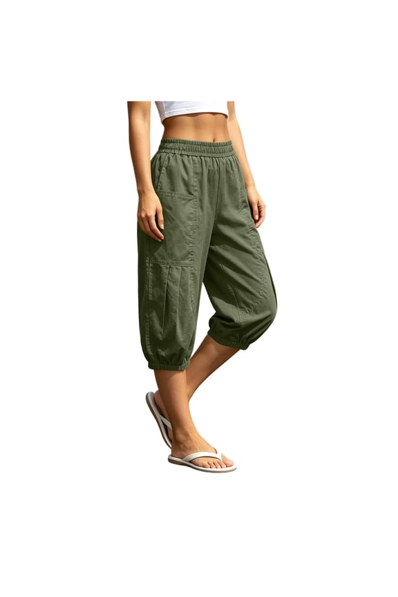 Womens Solid Faux Linen Bubble Balloon Harem Capri Pants Oversized Outer Patch Side Pockets Full Gathered Elastic High Waist Wrinkle Resistant Light Loose Cropped Casual Bottoms