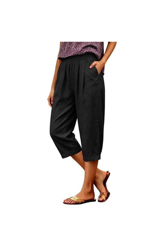 Womens Solid Faux Linen Pleated Front Capri Harem Pants Hidden Side Inset Pockets Full Elastic High Waist Lightweight Breathable Crinkle Woven Fabric Loose Cropped Casual Trousers