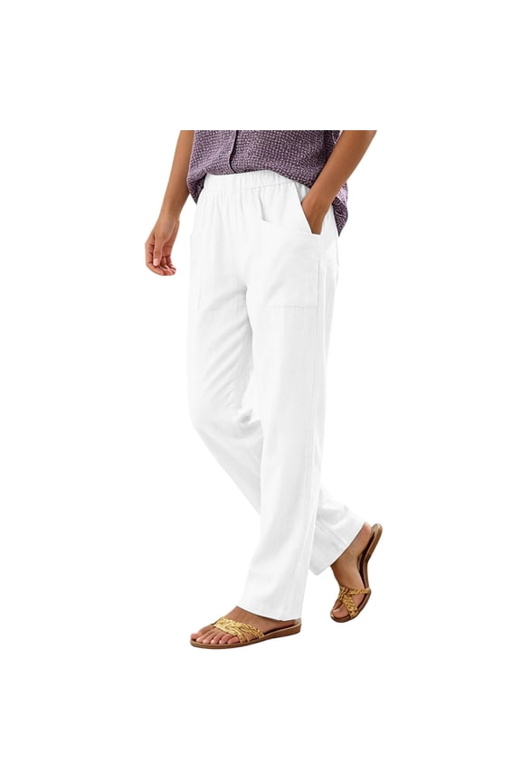 Womens Solid Faux Linen Straight Leg Ankle Pants Oversized Square Front Patch Pockets Full Wrap Elastic High Waist Wrinkle Resistant Lightweight Breathable Trousers