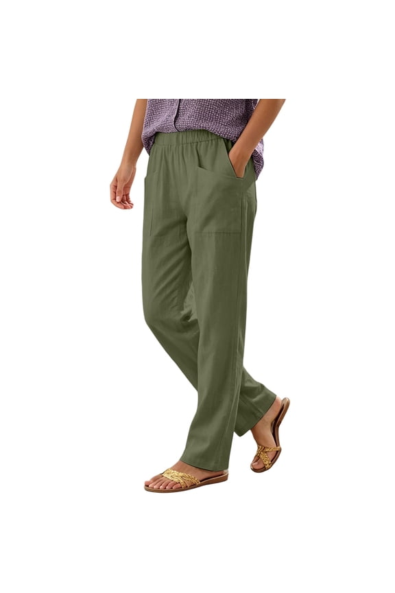 Womens Solid Faux Linen Straight Leg Ankle Pants Oversized Square Front Patch Pockets Full Wrap Elastic High Waist Wrinkle Resistant Lightweight Breathable Trousers