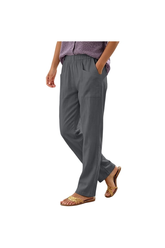 Womens Solid Faux Linen Straight Leg Ankle Pants Oversized Square Front Patch Pockets Full Wrap Elastic High Waist Wrinkle Resistant Lightweight Breathable Trousers