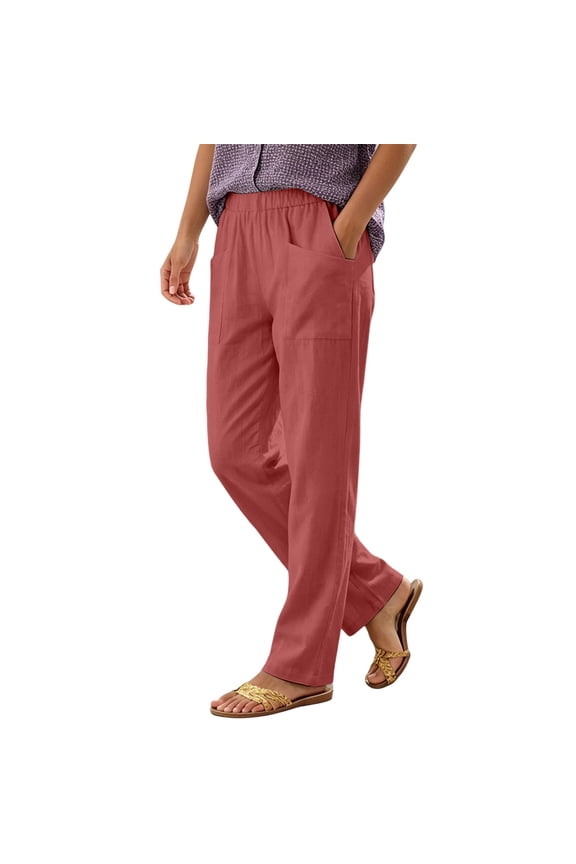 Womens Solid Faux Linen Straight Leg Ankle Pants Oversized Square Front Patch Pockets Full Wrap Elastic High Waist Wrinkle Resistant Lightweight Breathable Trousers
