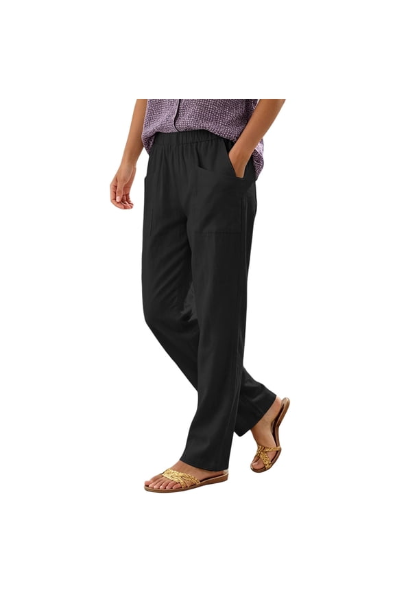 Womens Solid Faux Linen Straight Leg Ankle Pants Oversized Square Front Patch Pockets Full Wrap Elastic High Waist Wrinkle Resistant Lightweight Breathable Trousers