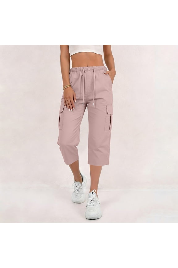 Womens Solid Flap Pocket Cargo Capri Cropped Pants Dual Side Utility Patch Pockets Button Elastic Drawstring High Waist Loose Fit Mid Calf Outdoor Casual Trouser Bottoms