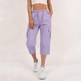 thumbnail image 1 of Costeam Womens Solid Flap Pocket Cargo Capri Cropped Pants Dual Side Utility Patch Pockets Button Elastic Drawstring High Waist Loose Fit Mid Calf Outdoor Casual Trouser Bottoms, 1 of 8