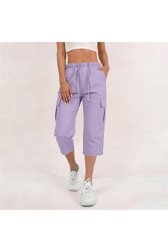 Womens Solid Flap Pocket Cargo Capri Cropped Pants Dual Side Utility Patch Pockets Button Elastic Drawstring High Waist Loose Fit Mid Calf Outdoor Casual Trouser Bottoms