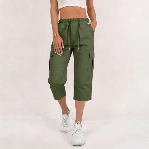 Costeam Womens Solid Flap Pocket Cargo Capri Cropped Pants Dual Side Utility Patch Pockets Button Elastic Drawstring High Waist Loose Fit Mid Calf Outdoor Casual Trouser Bottoms