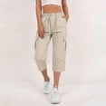thumbnail image 1 of Costeam Womens Solid Flap Pocket Cargo Capri Cropped Pants Dual Side Utility Patch Pockets Button Elastic Drawstring High Waist Loose Fit Mid Calf Outdoor Casual Trouser Bottoms, 1 of 8