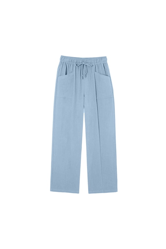 Womens Solid Flowey Wide Leg Casual Pants Dual Front Patch Side Pockets Self Fabric Drawstring Full Elastic High Waist Wrinkle Resistant Loose Full Length Lightweight Daily Trousers