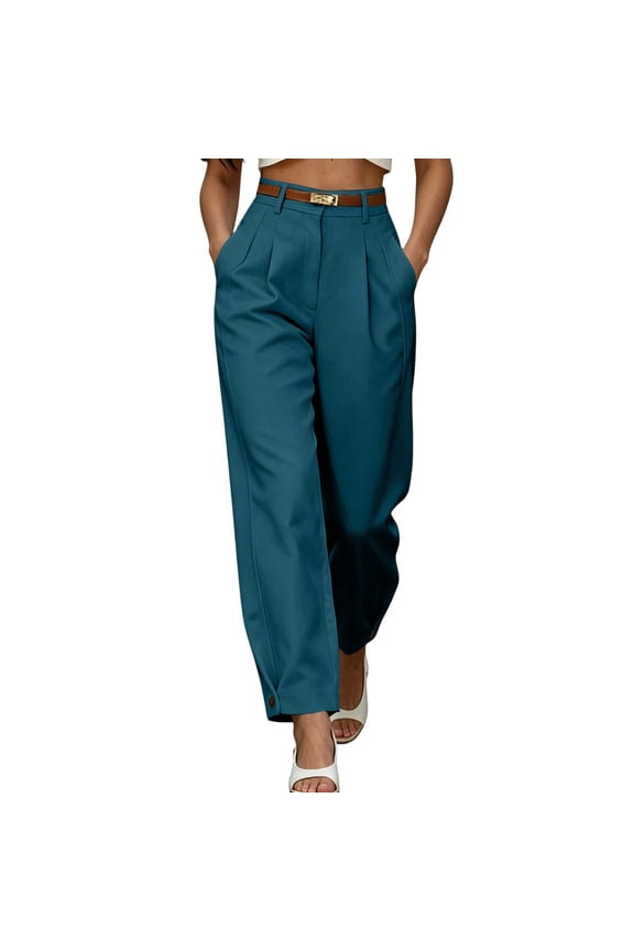 Womens Solid Front Pleated Cuffed Ankle Dress Pants Belt Loops Side Inset Pockets Button Zip Fly High Waist Wrinkle Resistant Relaxed Fit Business Casual Trouser Bottoms