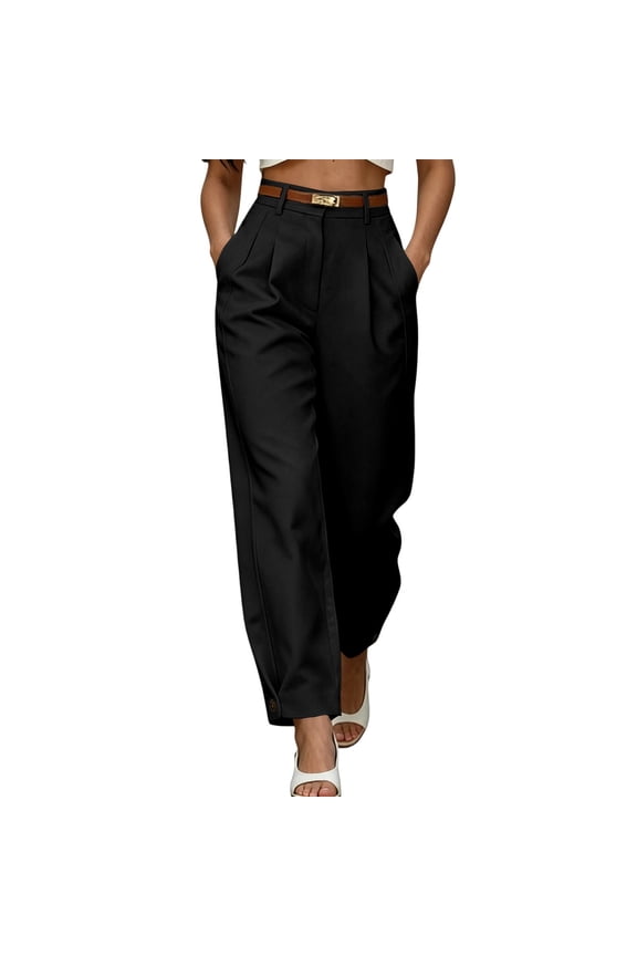 Womens Solid Front Pleated Cuffed Ankle Dress Pants Belt Loops Side Inset Pockets Button Zip Fly High Waist Wrinkle Resistant Relaxed Fit Business Casual Trouser Bottoms
