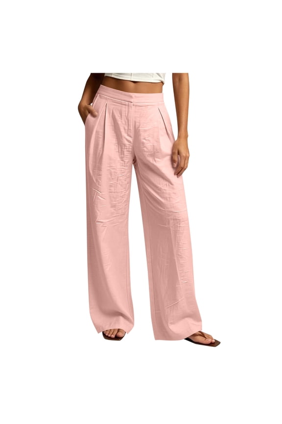 Womens Solid Front Pleated Faux Linen Wide Leg Pants Hidden Side Inset Pockets Flat High Rise Waist Wrinkle Textured Woven Fabric Full Length Casual Trousers