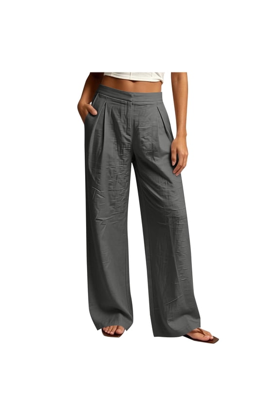 Womens Solid Front Pleated Faux Linen Wide Leg Pants Hidden Side Inset Pockets Flat High Rise Waist Wrinkle Textured Woven Fabric Full Length Casual Trousers