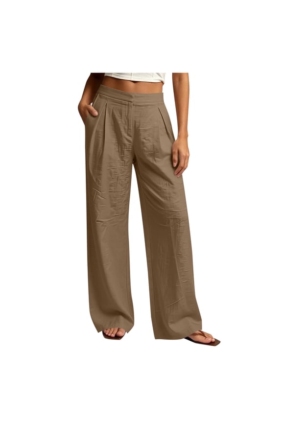 Womens Solid Front Pleated Faux Linen Wide Leg Pants Hidden Side Inset Pockets Flat High Rise Waist Wrinkle Textured Woven Fabric Full Length Casual Trousers