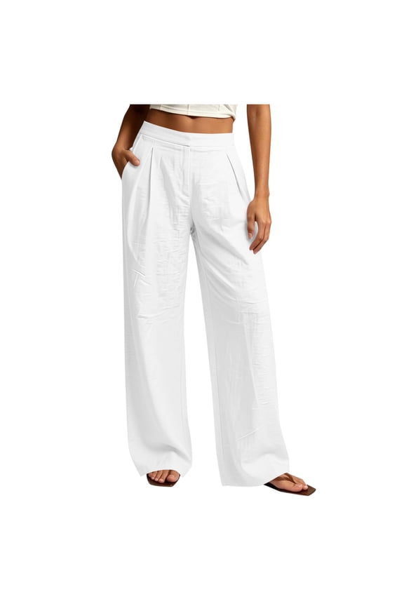 Womens Solid Front Pleated Faux Linen Wide Leg Pants Hidden Side Inset Pockets Flat High Rise Waist Wrinkle Textured Woven Fabric Full Length Casual Trousers