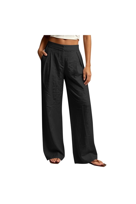 Womens Solid Front Pleated Faux Linen Wide Leg Pants Hidden Side Inset Pockets Flat High Rise Waist Wrinkle Textured Woven Fabric Full Length Casual Trousers