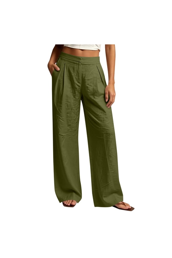Womens Solid Front Pleated Faux Linen Wide Leg Pants Hidden Side Inset Pockets Flat High Rise Waist Wrinkle Textured Woven Fabric Full Length Casual Trousers