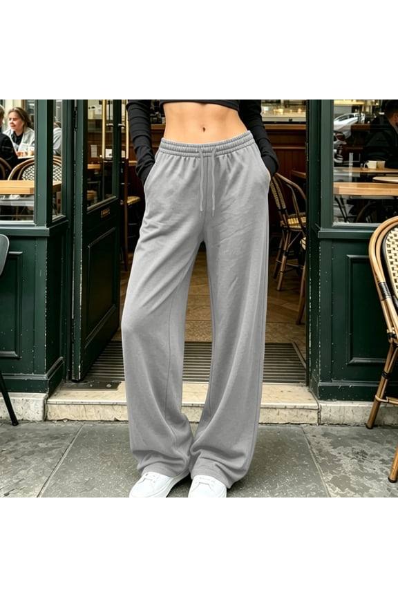 Womens Solid Full Length Wide Leg Sweatpants Deep Side Inset Hand Pockets Self Tie Drawstring Elastic High Waist Soft Knit Loose Fit Casual Loungewear Trousers