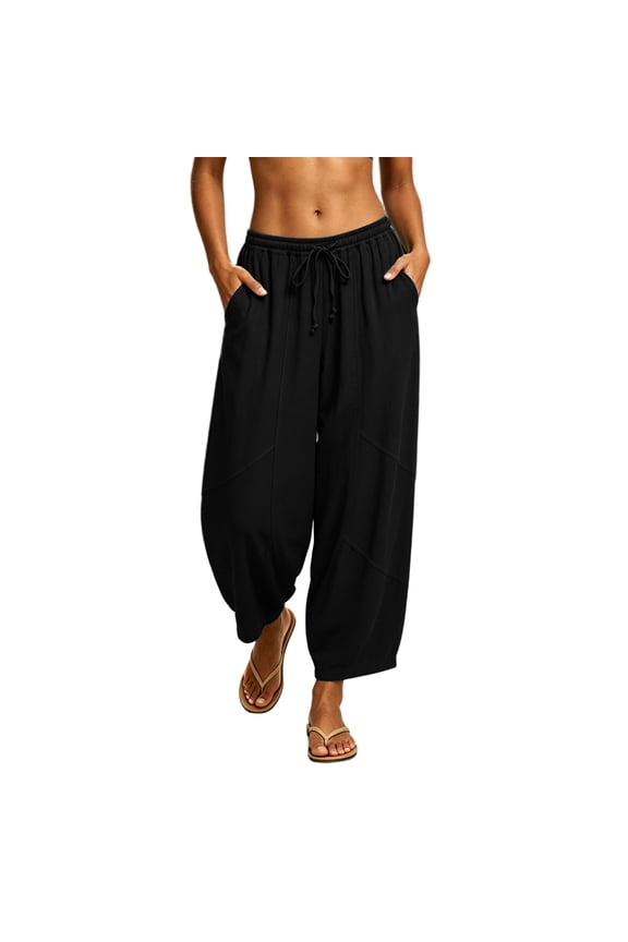 Womens Solid Geometric Seam Detail Harem Cropped Pants Inset Side Hand Pockets Elastic Drawstring High Waist Loose Fit Breathable Mid Calf Casual Jogger Trouser Bottoms
