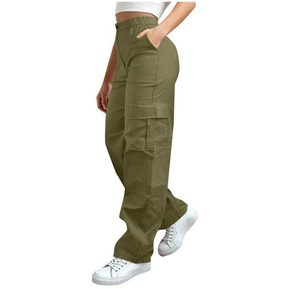 Costeam Womens Solid High Waist Button Partial Elastic Cargo Pants Multi Flap Side Pockets Loose Full Length Relaxed Fit Utility Wide Leg Casual Trouser Bottoms