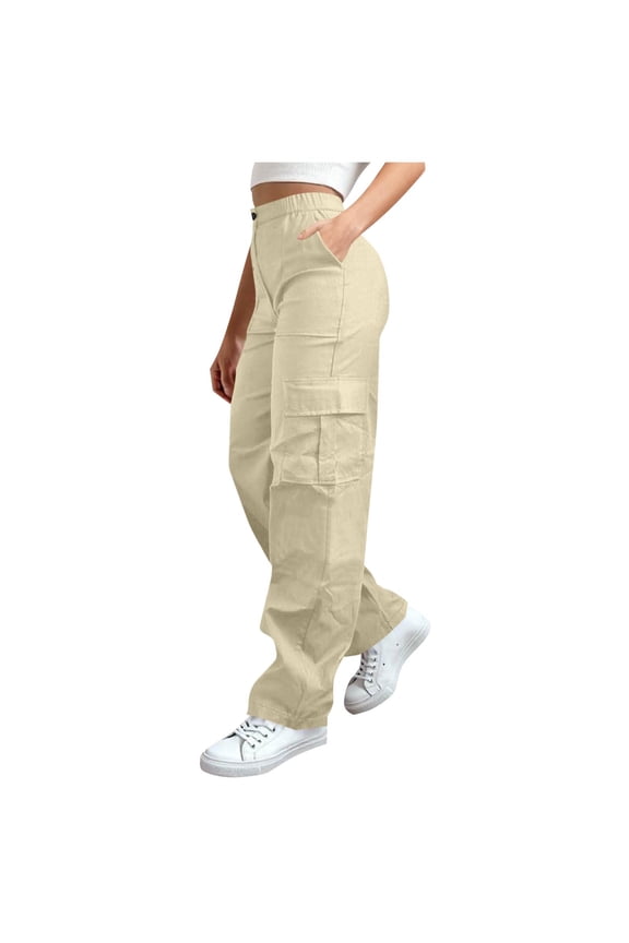 Womens Solid High Waist Button Partial Elastic Cargo Pants Multi Flap Side Pockets Loose Full Length Relaxed Fit Utility Wide Leg Casual Trouser Bottoms
