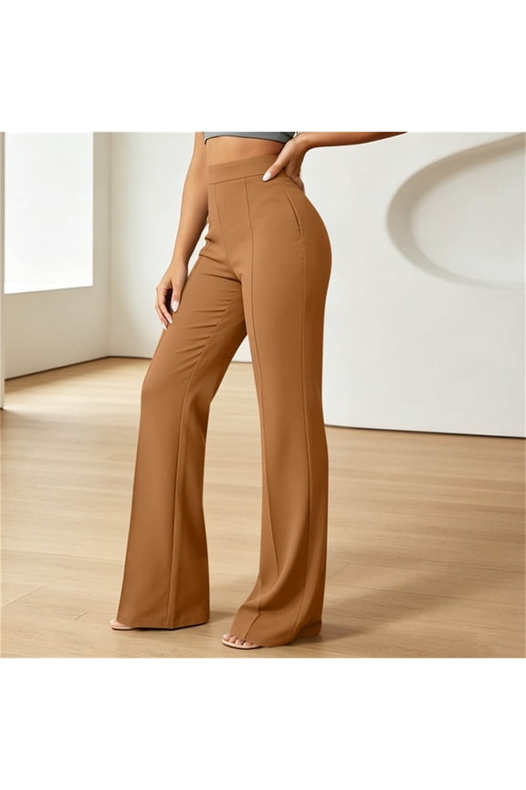 Womens Solid High Waist Front Seam Flare Long Pants Hidden Side Hand Pockets Stretch Woven Slim Bootcut Casual Daily Trousers