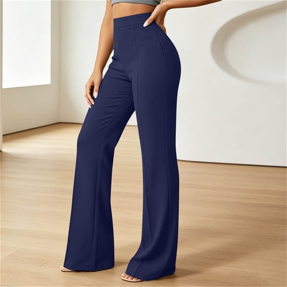Costeam Womens Solid High Waist Front Seam Flare Long Pants Hidden Side Hand Pockets Stretch Woven Slim Bootcut Casual Daily Trousers