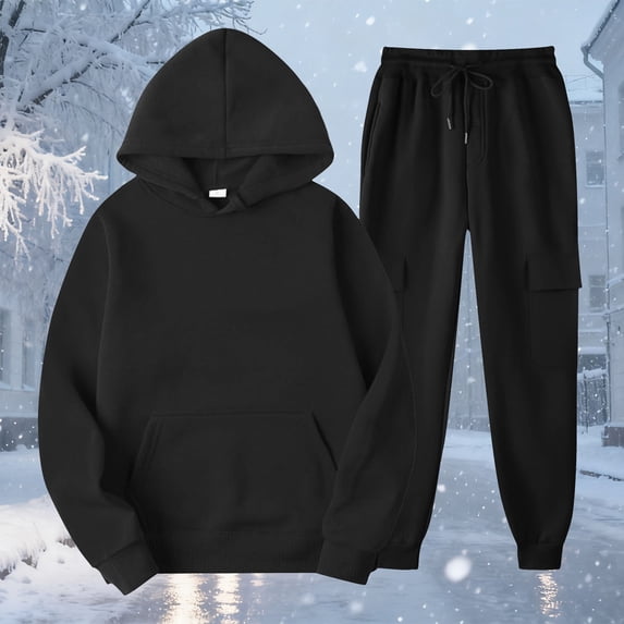 Costeam Womens Solid Hoodie Cargo Jogger 2 Piece Tracksuit Pullover Hooded Top with Kangaroo Pocket Drawstring Waist Multi Pocket Sweatpants Set Soft Fleece Active Loungewear Outfit