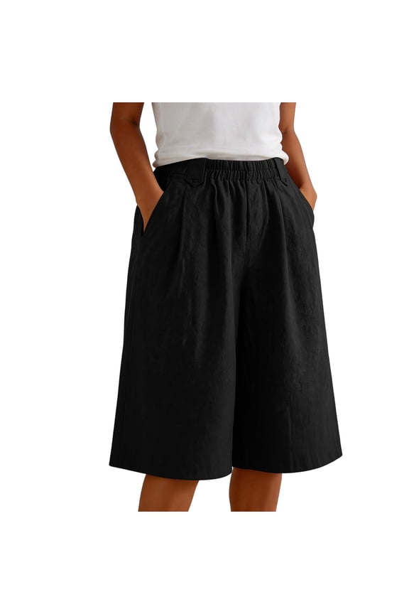 Womens Solid Jacquard Textured Wide Leg Bermuda Shorts Front Pleated Tab Accent Elastic High Waist Hidden Side Inset Pockets Wrinkle Resistant Light Loose Casual Bottoms
