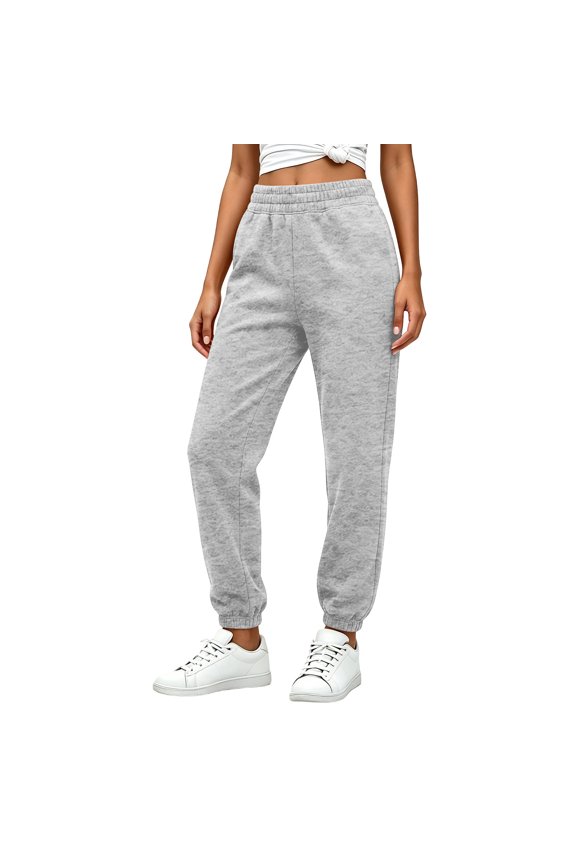 Womens Solid Jogger Sweatpants Dual Side Slip Pockets Full Elastic Ribbed High Waist Adjustable Cuffed Ankle Loose Wide Leg Full Length Athletic Loungewear Trousers