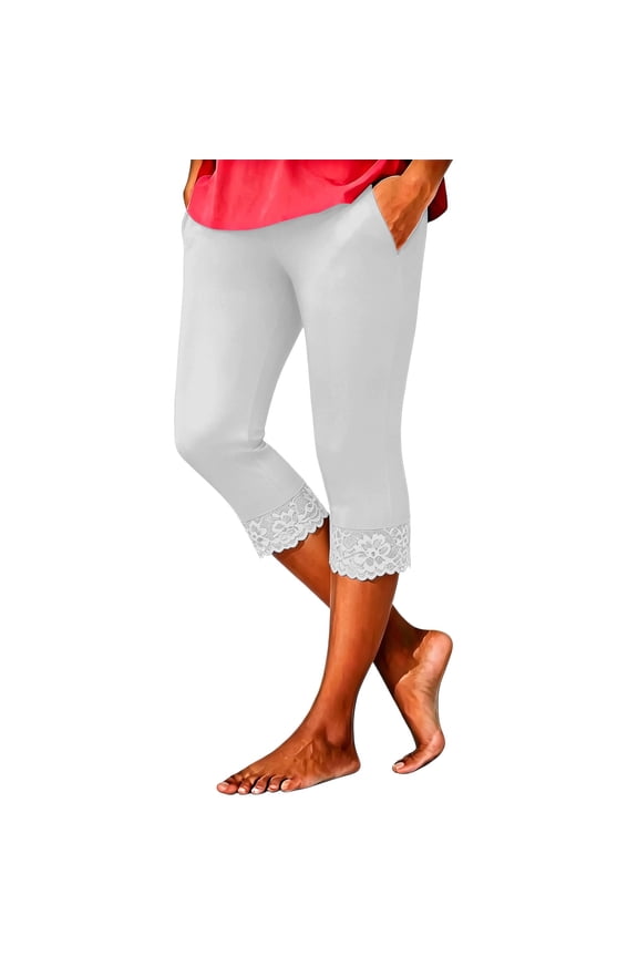 Womens Solid Lace Trim Capri Leggings Dual Hidden Side Slip Pockets Mid Rise Stretch Elastic Waist Thin Breathable Loose Mid Calf Casual Base Layer Cropped Pants