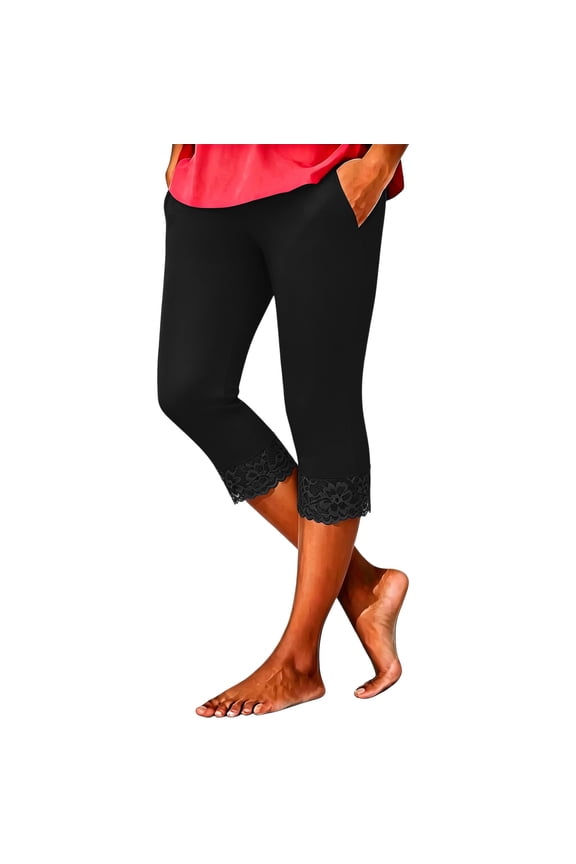 Womens Solid Lace Trim Capri Leggings Dual Hidden Side Slip Pockets Mid Rise Stretch Elastic Waist Thin Breathable Loose Mid Calf Casual Base Layer Cropped Pants