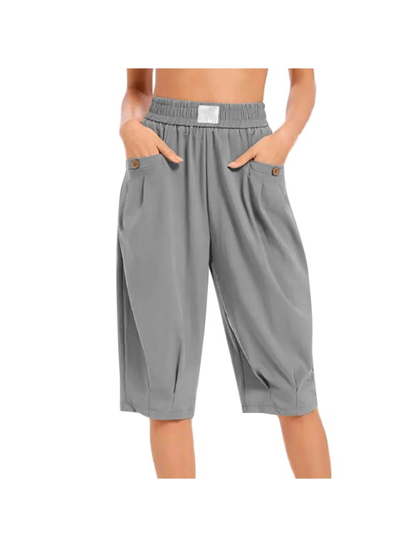 Womens Solid Lightweight Cropped Harem Capri Pants Elastic High Waist Decor Button Side Patch Pockets Loose Fit Pleated Front Casual Everyday Mid Length Trousers
