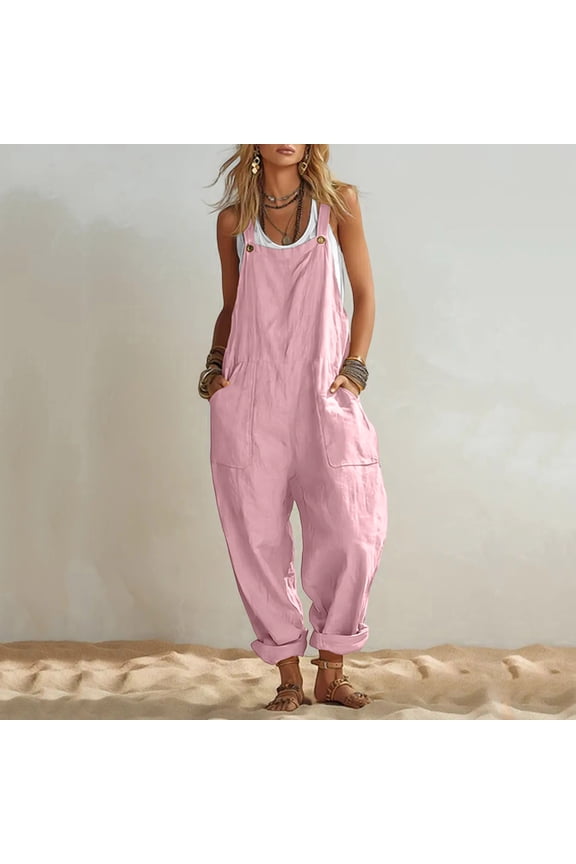 Womens Solid Linen Blend Bib Overall Jumpsuit Oversized Side Patch Pockets Metal Button Adjustable Shoulder Straps Cuffed Ankle Hem Loose Fit Full Length Casual Baggy Romper Bottoms