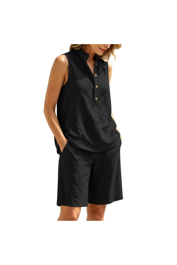 Womens Solid Linen Blend Sleeveless Henley Neck Blouse And Cuffed Hem Bermuda Short Two Piece Outfit Side Inset Pockets Loose Fit Breathable Summer Casual Co Ord Set