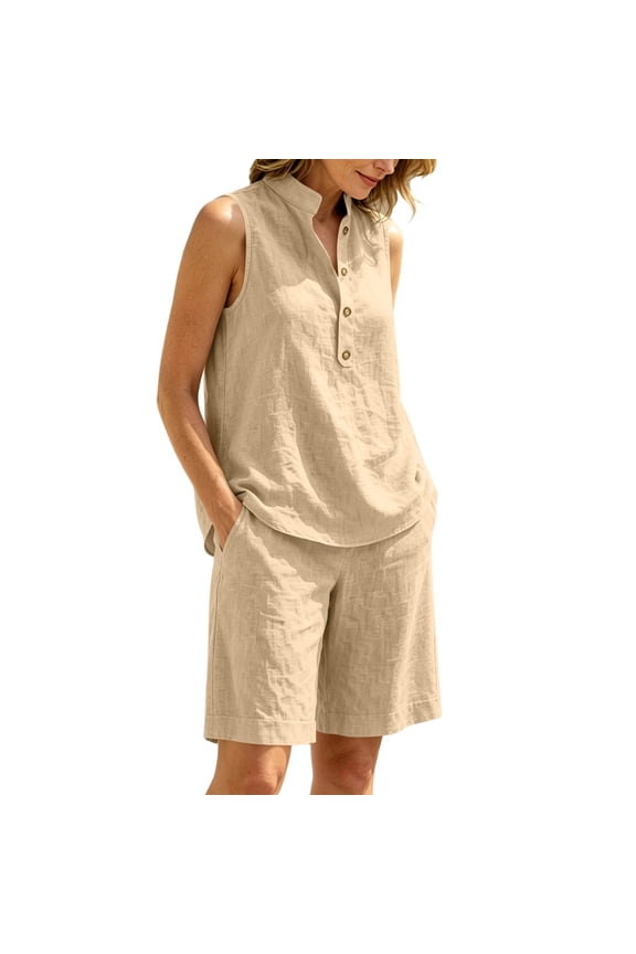 Womens Solid Linen Blend Sleeveless Henley Neck Blouse And Cuffed Hem Bermuda Short Two Piece Outfit Side Inset Pockets Loose Fit Breathable Summer Casual Co Ord Set