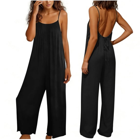 Costeam Womens Solid Linen Blend Sleeveless Jumpsuit Open Back Spaghetti Strap Side Slip Pockets Loose Wide Leg Full Length Lightweight Breathable Casual One Piece Outfit