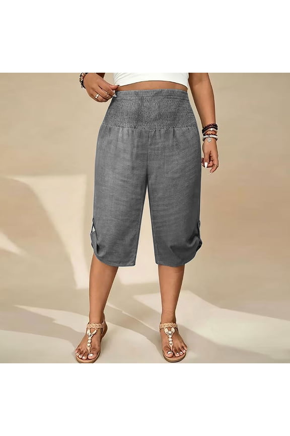 Womens Solid Linen Blend Smocked High Waist Capri Pants Dual Side Hand Pockets Side Slit Loose Fit Lightweight Casual Cropped Trousers