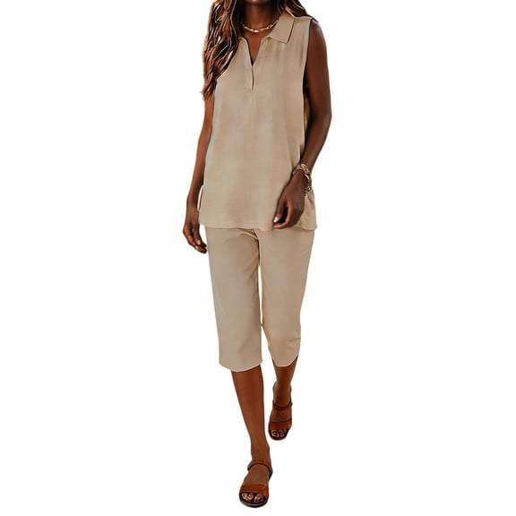 Costeam Womens Solid Linen Collared Loose Two Piece Set Casual Daily Style Side Pockets Elastic Waist Relaxed Fit Breathable Linen Fabric Home Commute Leisure Outfit