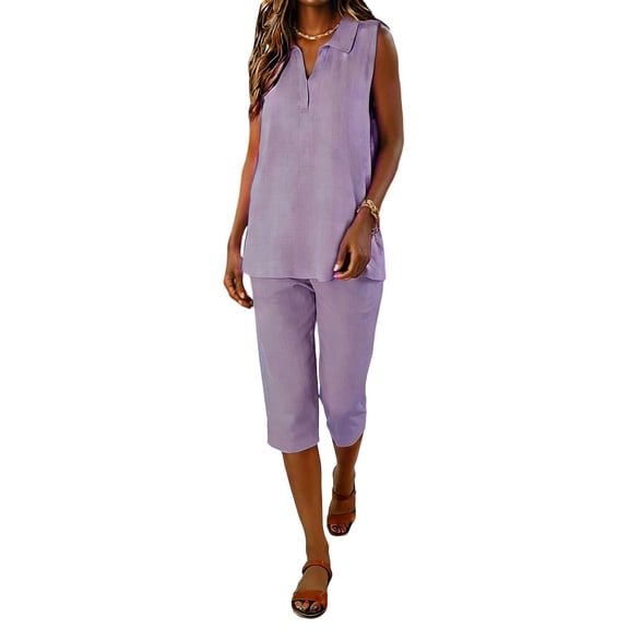 Costeam Womens Solid Linen Collared Loose Two Piece Set Casual Daily Style Side Pockets Elastic Waist Relaxed Fit Breathable Linen Fabric Home Commute Leisure Outfit