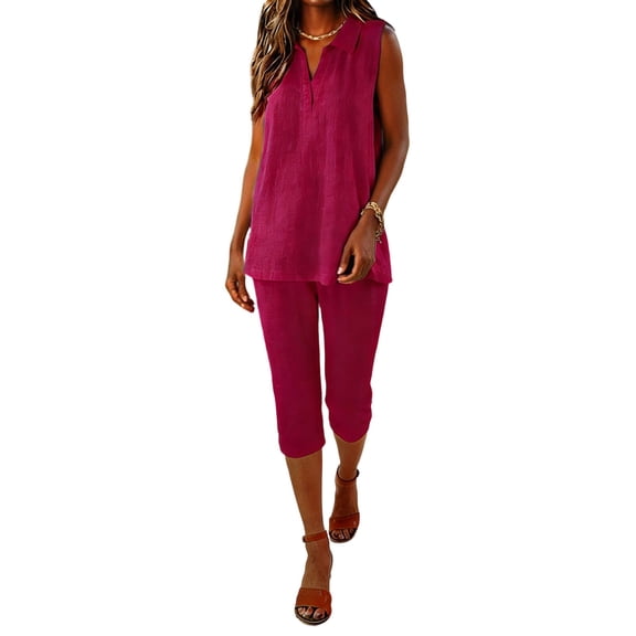 Costeam Womens Solid Linen Collared Loose Two Piece Set Casual Daily Style Side Pockets Elastic Waist Relaxed Fit Breathable Linen Fabric Home Commute Leisure Outfit