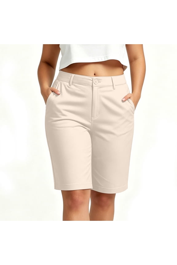 Womens Solid Mid Knee Bermuda Dress Shorts Inset Side Hand Pockets Button Zip Fly Regular High Waist Wrinkle Resistant Relaxed Fit Casual Chino Short Bottoms