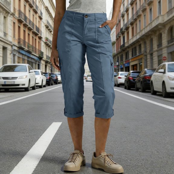 Costeam Womens Solid Multi Flap Cargo Pocket Roll Cuff Hem Capri Cropped Pants Side Utility Patch Pockets Button Zip Fly Regular Waist Loose Fit Mid Calf Outdoor Casual Trouser Bottoms