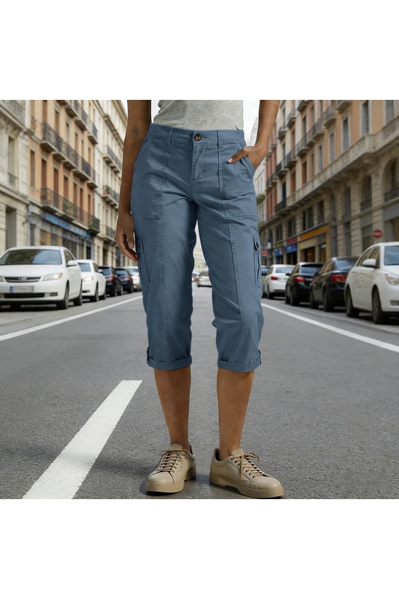 Womens Solid Multi Flap Cargo Pocket Roll Cuff Hem Capri Cropped Pants Side Utility Patch Pockets Button Zip Fly Regular Waist Loose Fit Mid Calf Outdoor Casual Trouser Bottoms