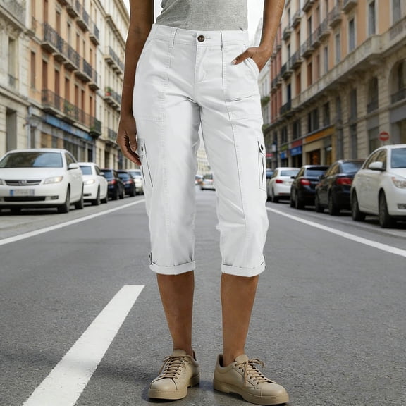 Costeam Womens Solid Multi Flap Cargo Pocket Roll Cuff Hem Capri Cropped Pants Side Utility Patch Pockets Button Zip Fly Regular Waist Loose Fit Mid Calf Outdoor Casual Trouser Bottoms