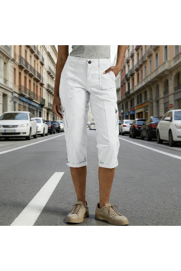 Womens Solid Multi Flap Cargo Pocket Roll Cuff Hem Capri Cropped Pants Side Utility Patch Pockets Button Zip Fly Regular Waist Loose Fit Mid Calf Outdoor Casual Trouser Bottoms
