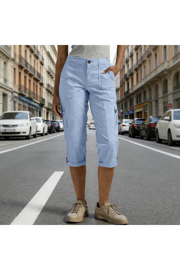 Womens Solid Multi Flap Cargo Pocket Roll Cuff Hem Capri Cropped Pants Side Utility Patch Pockets Button Zip Fly Regular Waist Loose Fit Mid Calf Outdoor Casual Trouser Bottoms