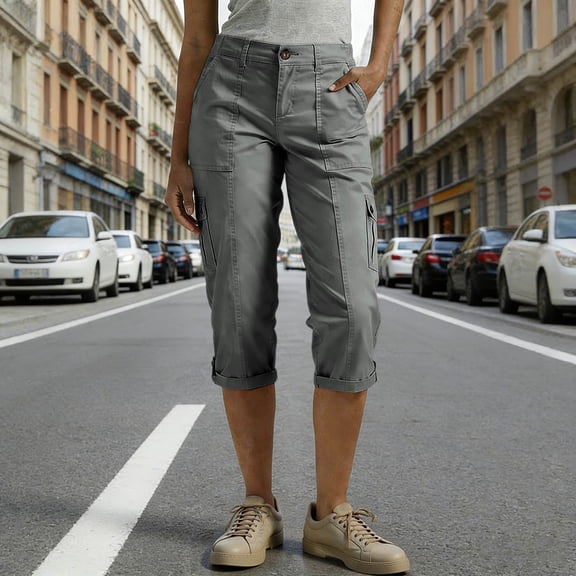 Costeam Womens Solid Multi Flap Cargo Pocket Roll Cuff Hem Capri Cropped Pants Side Utility Patch Pockets Button Zip Fly Regular Waist Loose Fit Mid Calf Outdoor Casual Trouser Bottoms